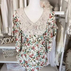 Maurices sz. Small floral boho top crochet, dolman sleeves, feminine soft #4042